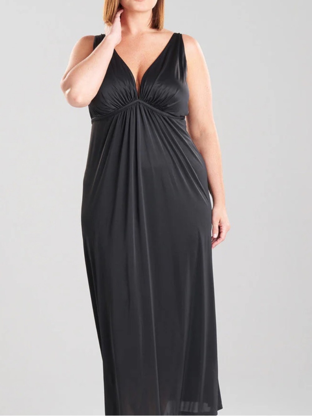 Natori Black empirewaist silky V-Neck Maxi flowy pantssuit with slit in legs
